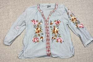 ANU Blouse Womens S M Floral Embroidered Striped Cotton Boho Tunic Split Neck